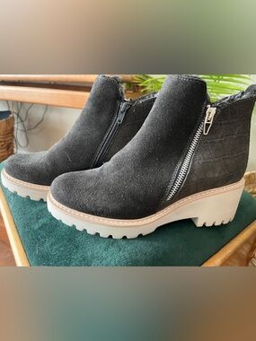 Dolce Vita Black Suede Ankle Booties with Cream Lug Sole and Side Zippers
